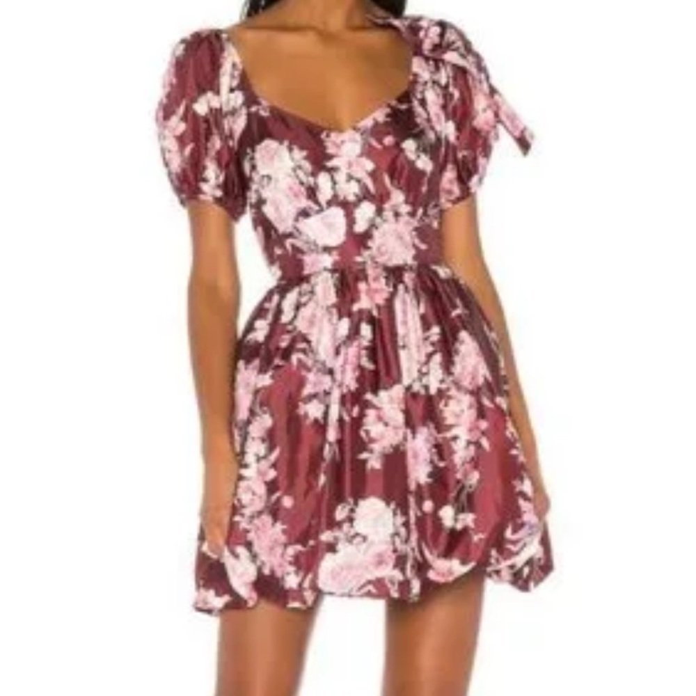LoveShackFancy Hansel Dress Mini Oxblood Red Puff Sleeve Floral size 4